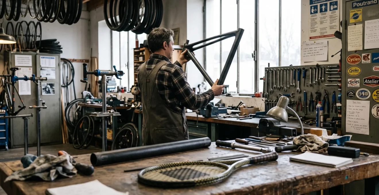 Un technicien examine un cadre de vélo en fibre de carbone dans un atelier, avec une raquette et des pièces composites posées sur l'établi.