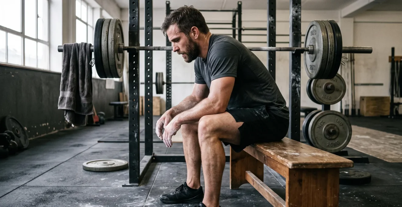 Un haltérophile assis sur un banc de musculation reprend son souffle après une série de squats avec une barre chargée.
