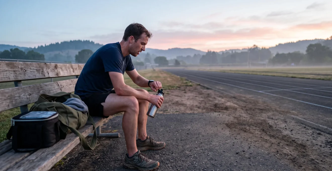 Un athlète assis sur un banc au bord d'une piste d'athlétisme au lever du soleil, tenant une gourde et consultant sa montre après une séance intense.