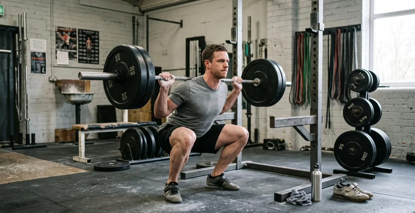 Un athlète réalise un squat avec une barre libre dans une salle de musculation, genoux fléchis et dos gainé.
