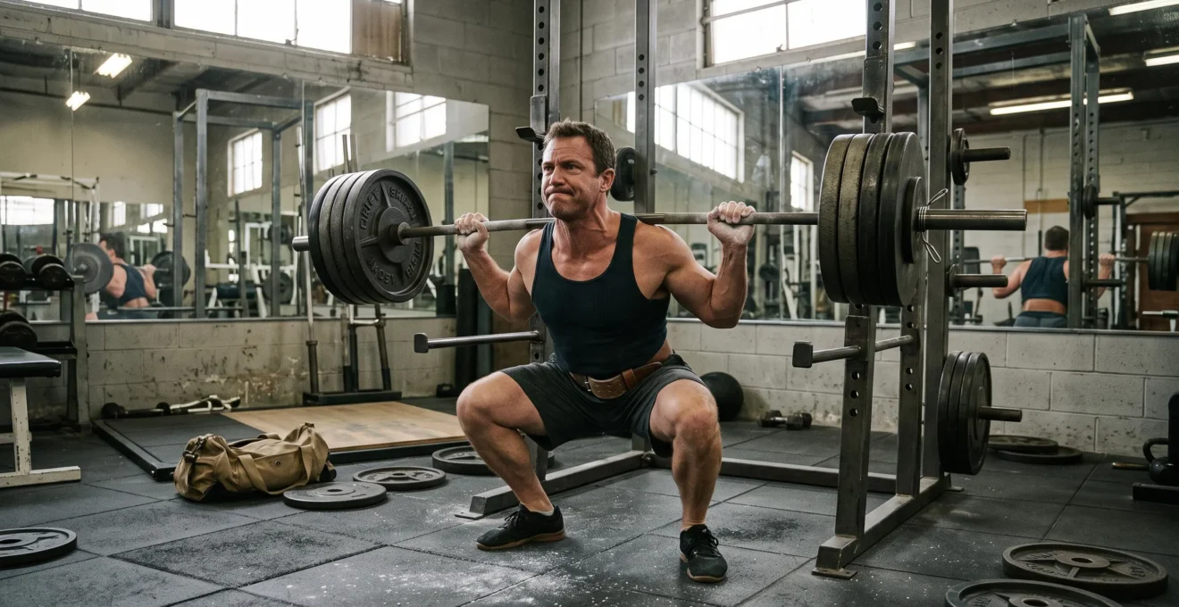 Un haltérophile exécute un squat lourd avec charge maximale dans une salle d'entraînement, le dos droit et l'expression concentrée.