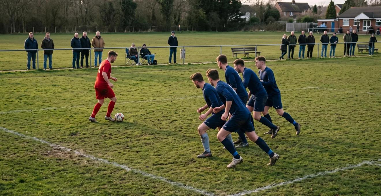 Une ligne défensive de quatre joueurs avance de manière compacte sur un terrain de football tandis qu'un adversaire contrôle le ballon.