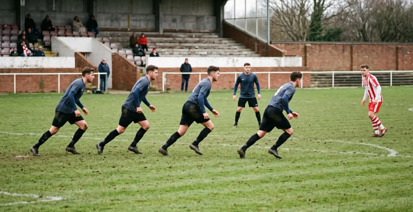 Une ligne défensive de quatre joueurs de football avance en alignment compact sur une pelouse pendant un match, couvrant l'espace derrière elle.