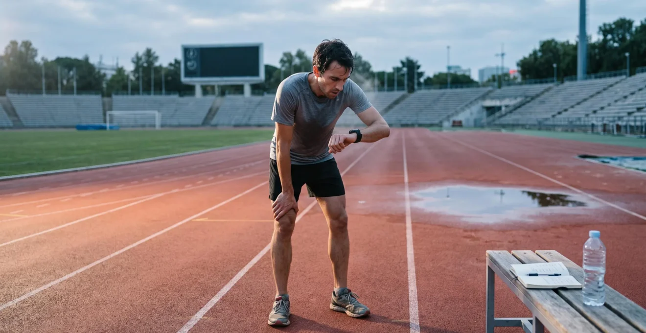 Un coureur sur une piste d'athlétisme au lever du soleil consulte sa montre de sport après une séance chronométrée, un carnet d'entraînement posé sur le banc à côté de lui.