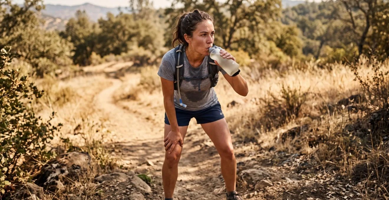 Un coureur en tenue de sport boit de l'eau dans une gourde pendant une séance d'entraînement en extérieur.