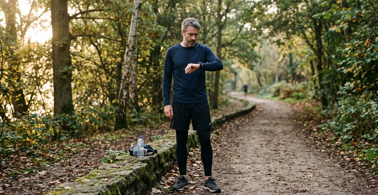 Un coureur en tenue de sport s'arrête en bord de chemin dans un parc au petit matin et consulte la montre de sport à son poignet.