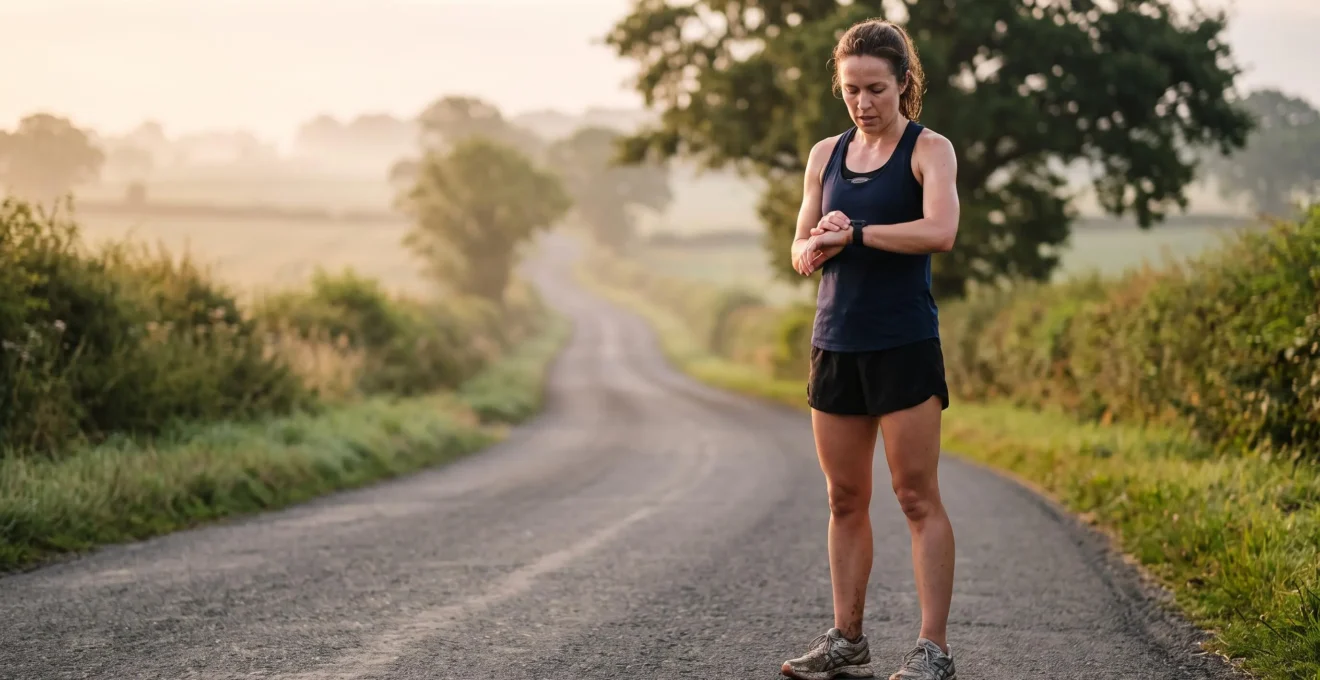 Un coureur à pied s'arrête sur une route de campagne à l'aube pour vérifier sa fréquence cardiaque sur sa montre de sport.