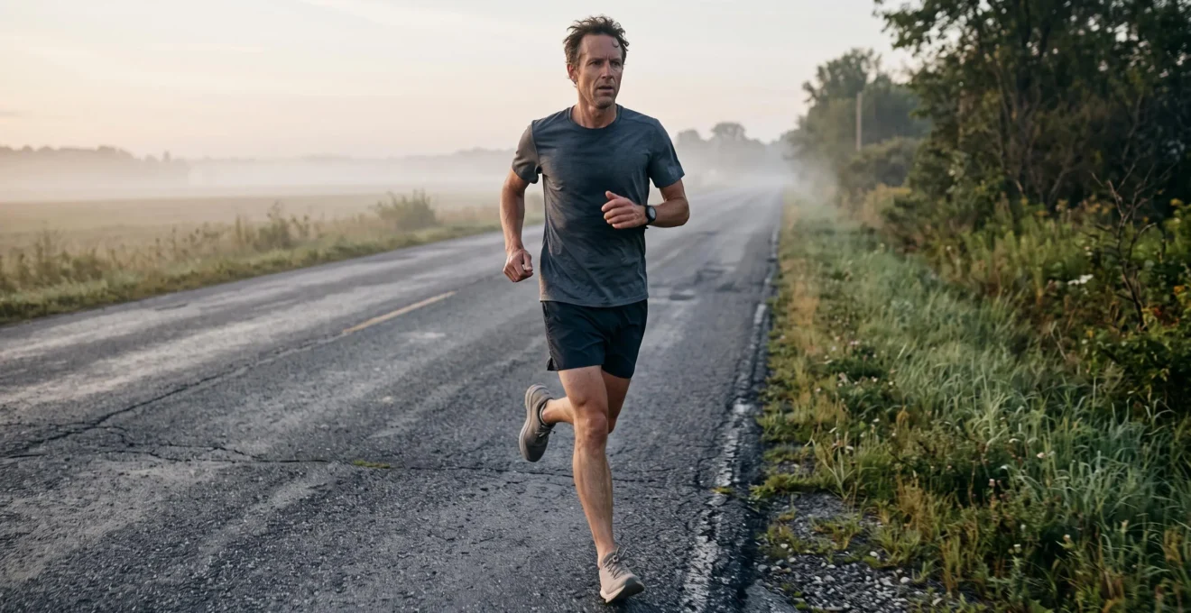 Un coureur pose le pied sur une route en bitume, la semelle de sa chaussure comprimée à l'impact.