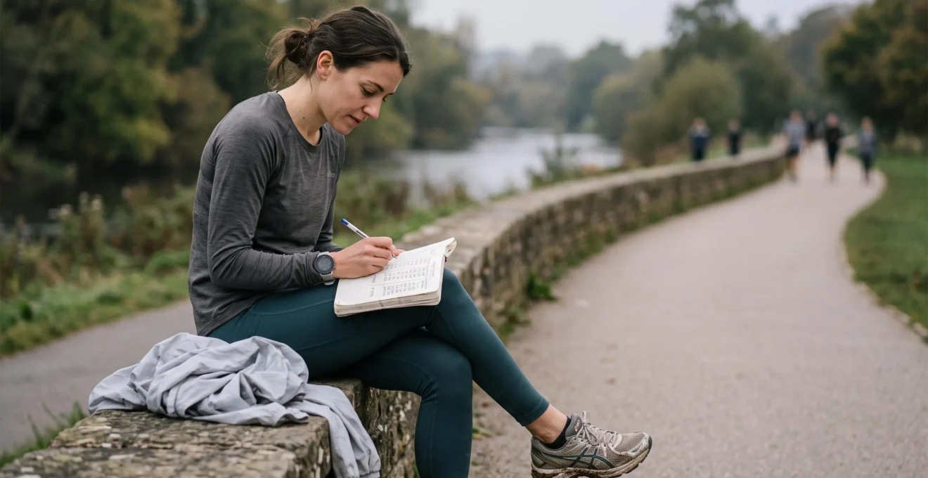 Un coureur assis sur un muret note dans un carnet ses temps d'entraînement le long d'un chemin de course urbain.