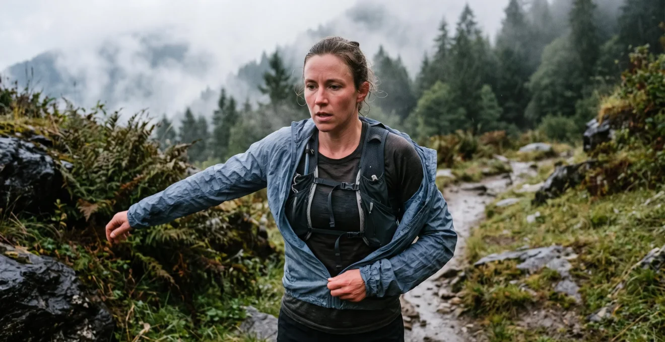 Un coureur retire sa veste coupe-vent sur un sentier de montagne humide pendant un effort par temps frais.