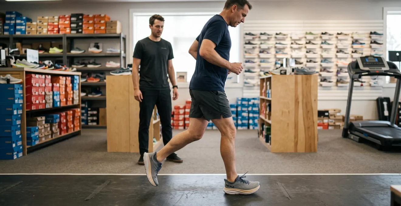 Un coureur teste en course une chaussure très amortie sur une piste d'essai dans un magasin spécialisé, observé par un vendeur.