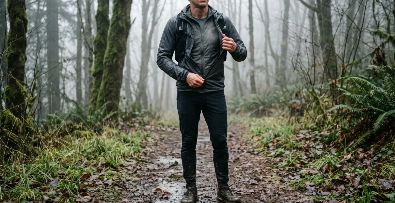 Un coureur de trail fait une pause sur un sentier forestier humide et ajuste la fermeture éclair de sa veste pour évacuer la chaleur.
