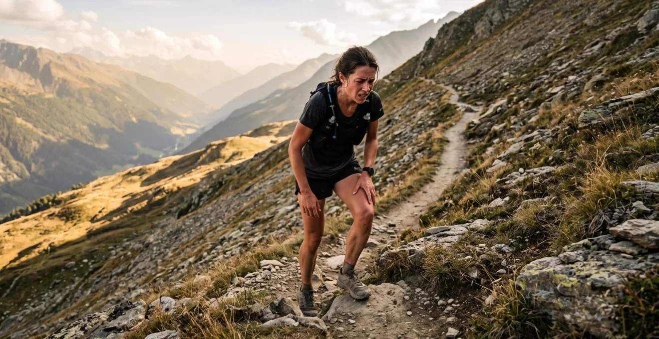 Un coureur de trail en plein effort gravit un sentier de montagne escarpé, le visage tendu, pendant une course longue en fin de journée.