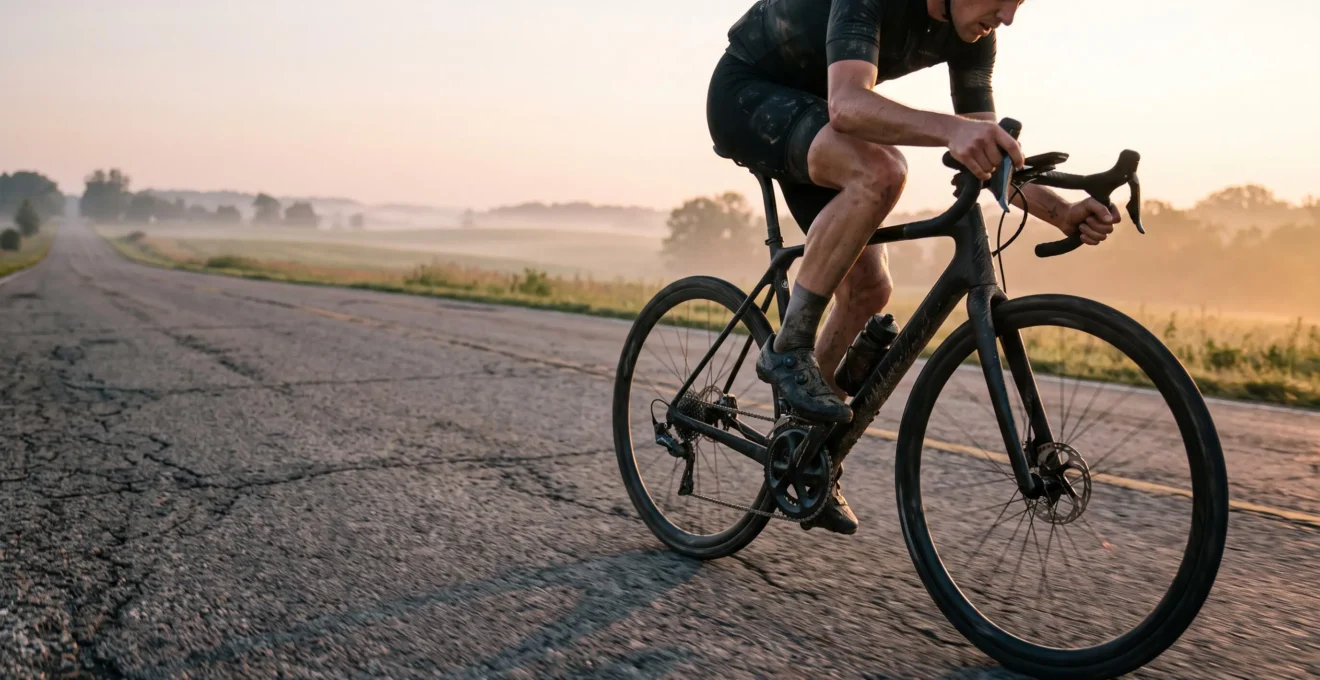 Un cycliste en effort sur une route ouverte, appuyant fortement sur les pédales, avec la transmission du vélo bien visible.