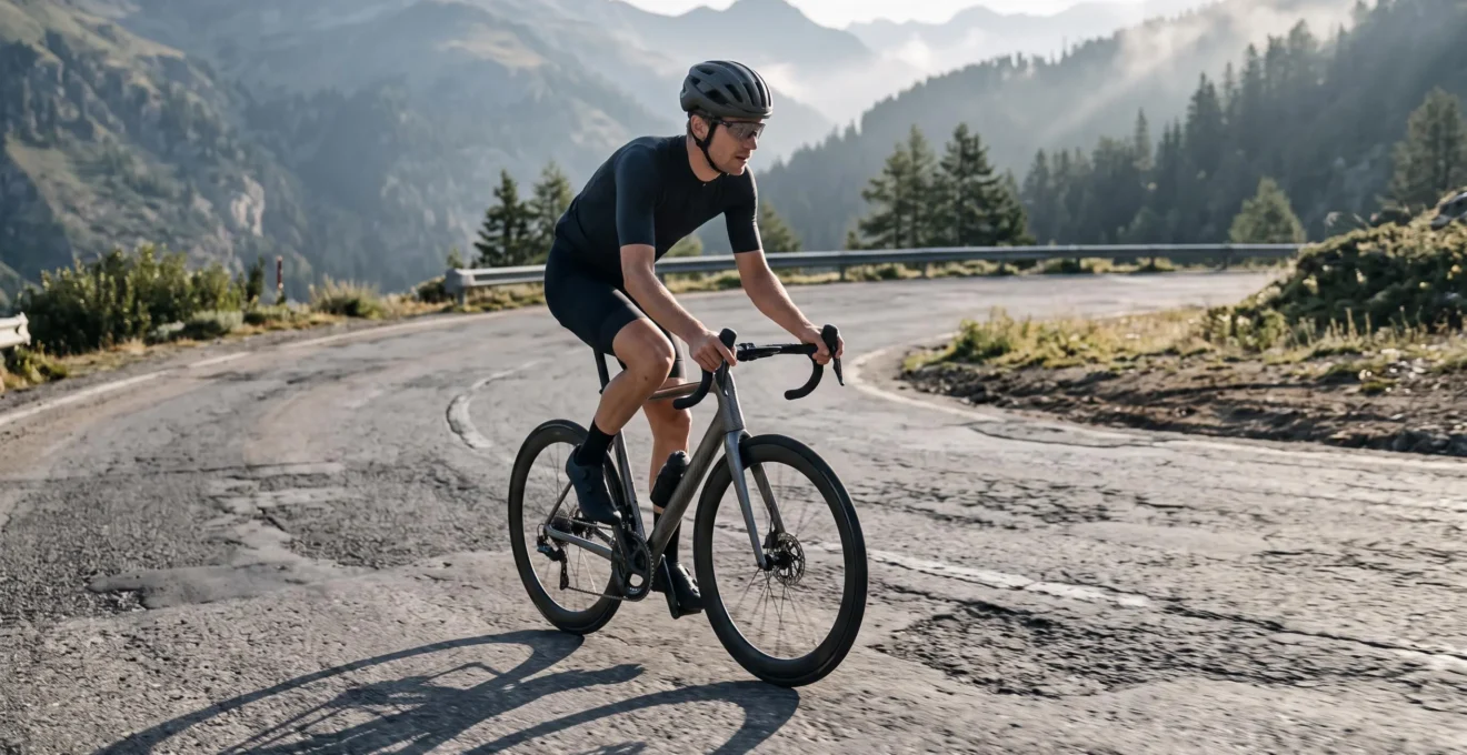 Un cycliste gravit une route de montagne sur un vélo à cadre en fibre de carbone apparente.