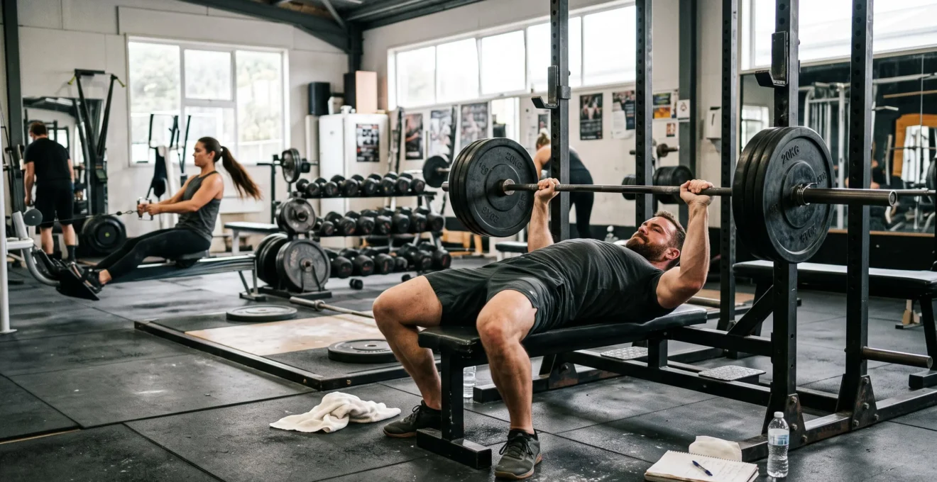 Un haltérophile effectue un développé-couché avec barre sur un banc dans une salle de sport, entouré de matériel d'entraînement utilisé.