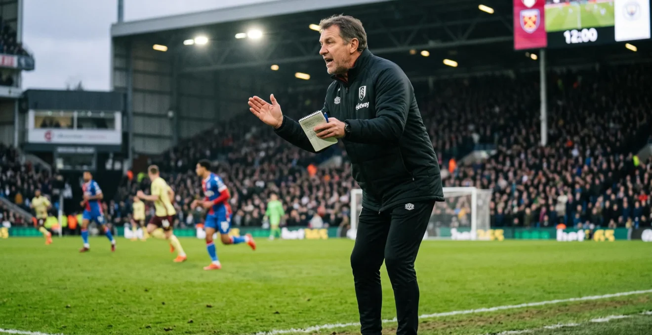 Un entraîneur de football donne des consignes tactiques depuis la touche pendant un match, un carnet à la main, les joueurs flous en arrière-plan.
