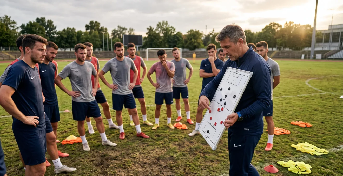 Un entraîneur présente un plan tactique sur un tableau aimanté à des joueurs réunis en bord de terrain lors d'un entraînement.