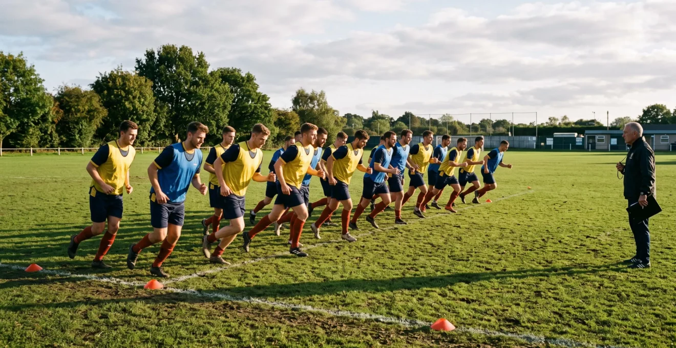 Une équipe de football se déplace de manière synchronisée sur le terrain pendant un entraînement collectif, observée par un entraîneur.