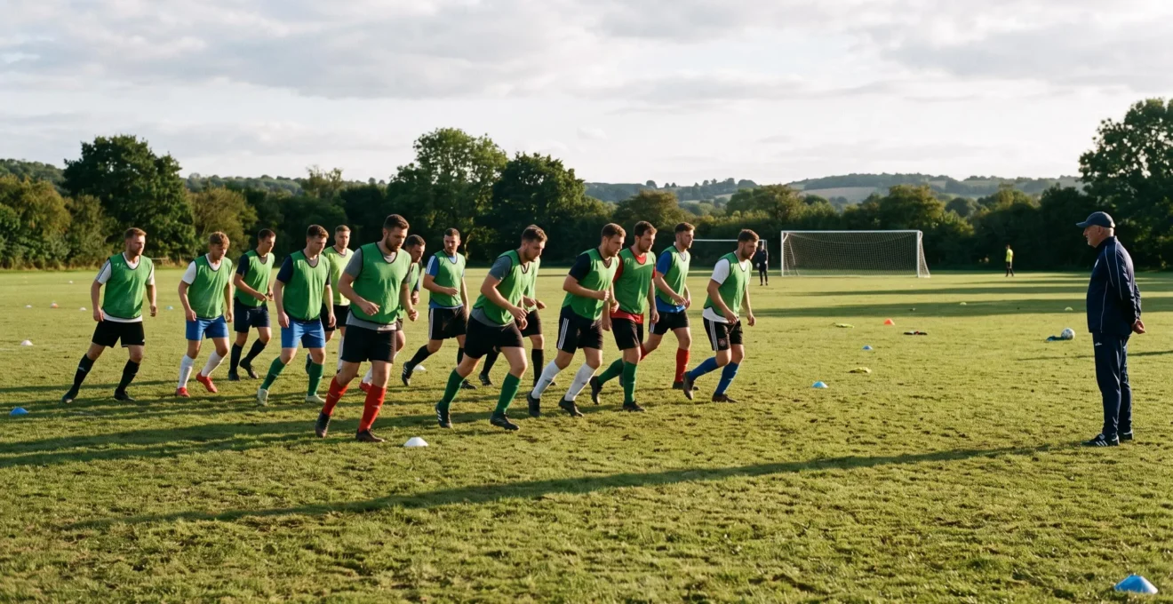 Une équipe de football se déplace de manière synchronisée sur le terrain pendant un entraînement collectif, observée par un entraîneur.