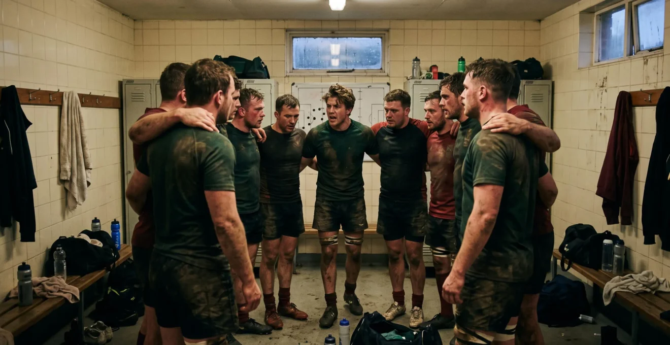 Des joueurs de sport réunis en cercle dans un vestiaire, épaule contre épaule, lors d'un moment d'échange collectif après l'entraînement.