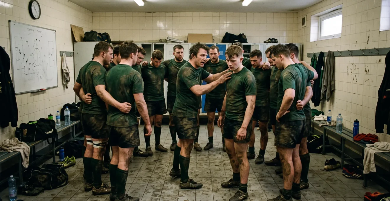 Des joueurs de sport réunis en cercle dans un vestiaire, épaule contre épaule, lors d'un moment d'échange collectif après l'entraînement.