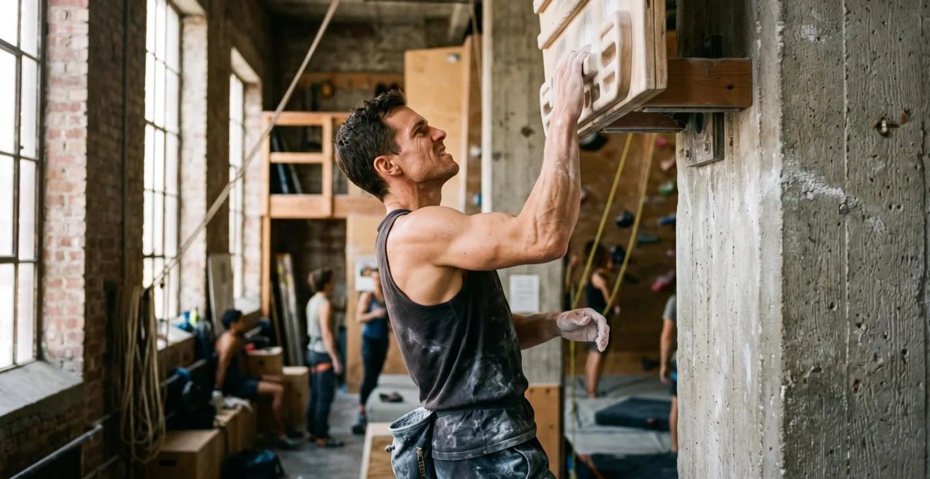 Un grimpeur suspendu à une main sur un panneau d'entraînement en bois, les avant-bras contractés par l'effort, dans une salle d'escalade.