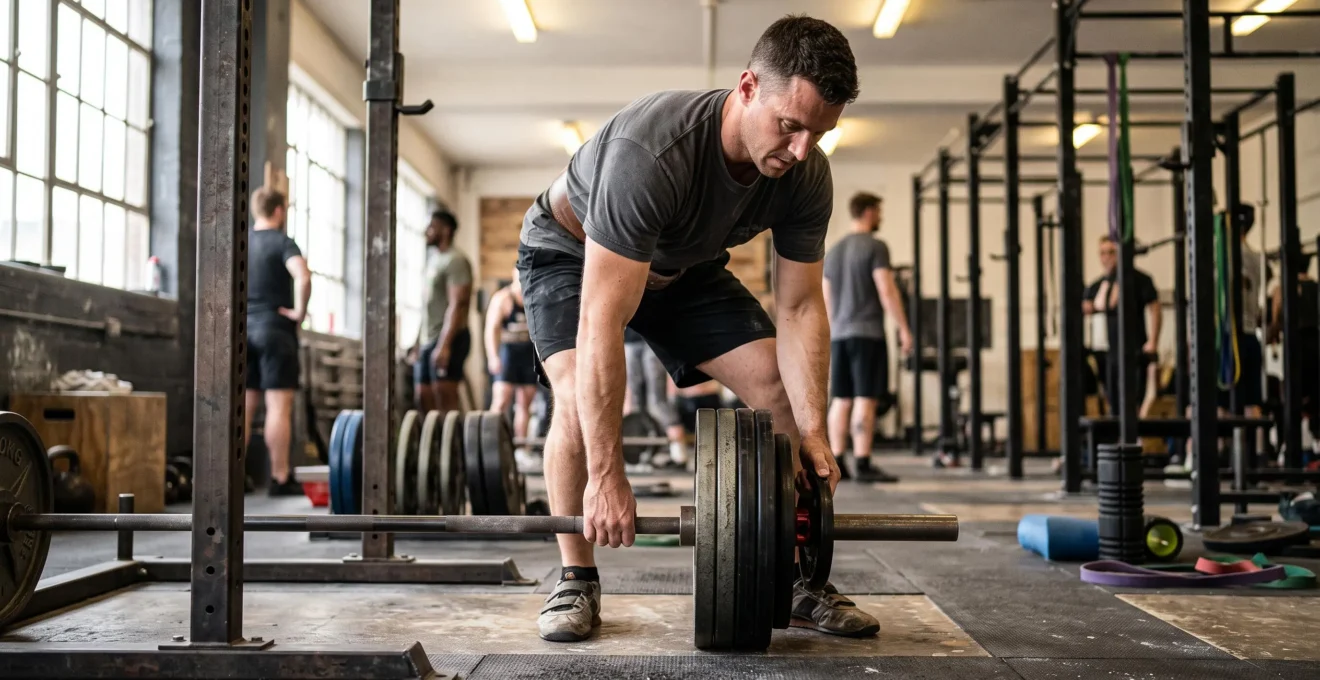 Un haltérophile glisse une petite plaque de fonte supplémentaire au bout d'une barre chargée dans une salle de sport.