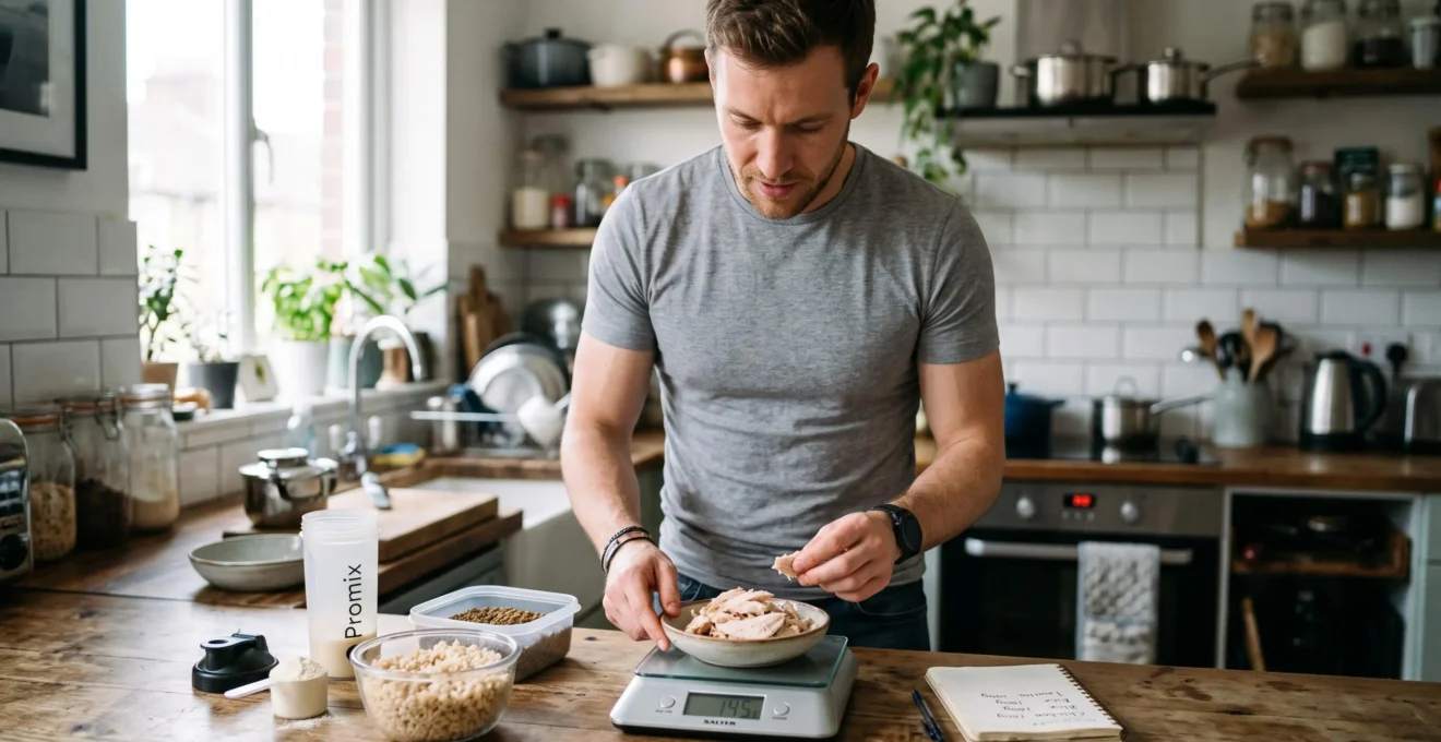 Un homme pèse une portion de poulet sur une balance de cuisine dans sa cuisine, entouré de riz, de lentilles et d'un shaker de protéines.