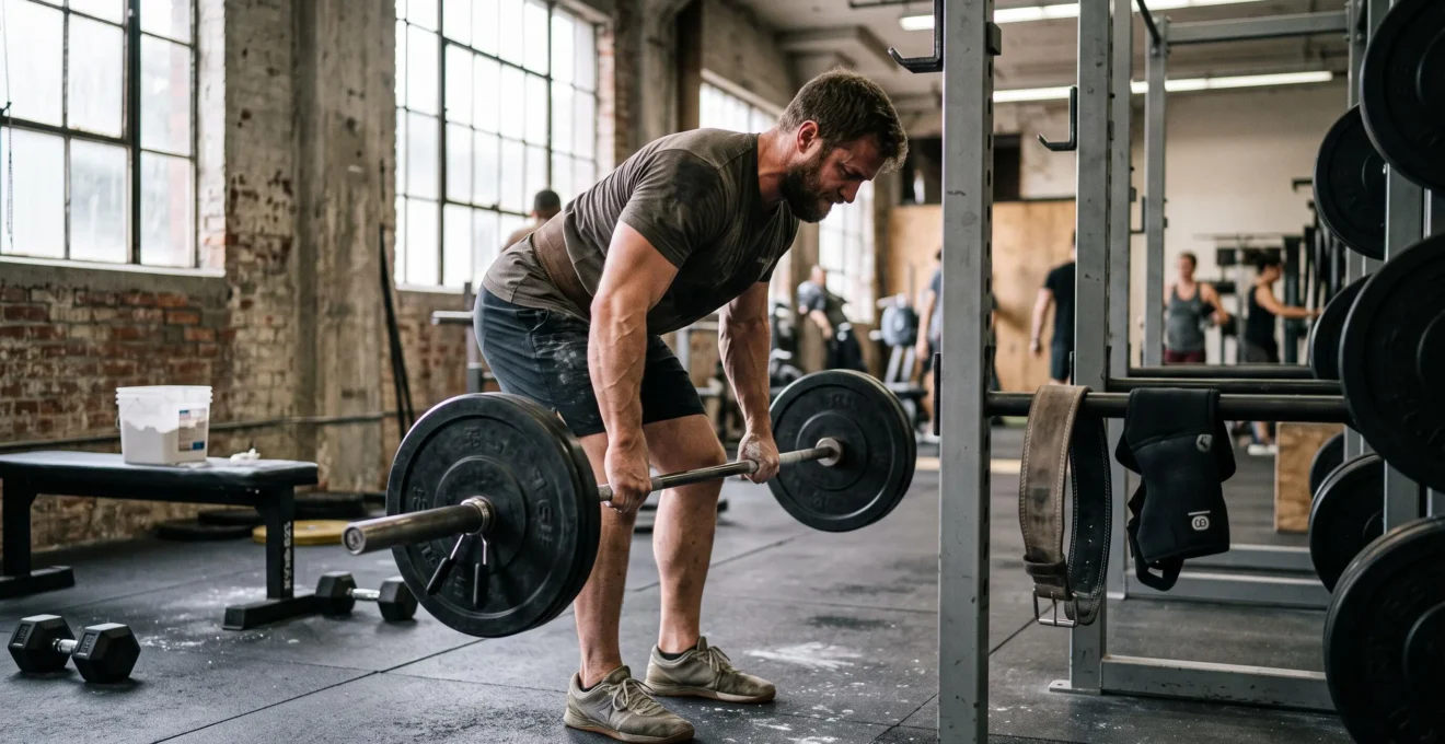 Un homme exécute un rowing à la barre avec une descente contrôlée dans une salle de musculation éclairée par la lumière naturelle.