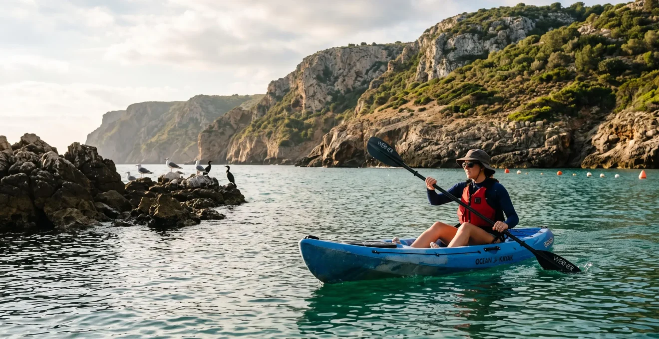 Un kayakiste de mer pagaie en gardant ses distances face à des oiseaux marins posés sur des rochers près d'une côte rocheuse.