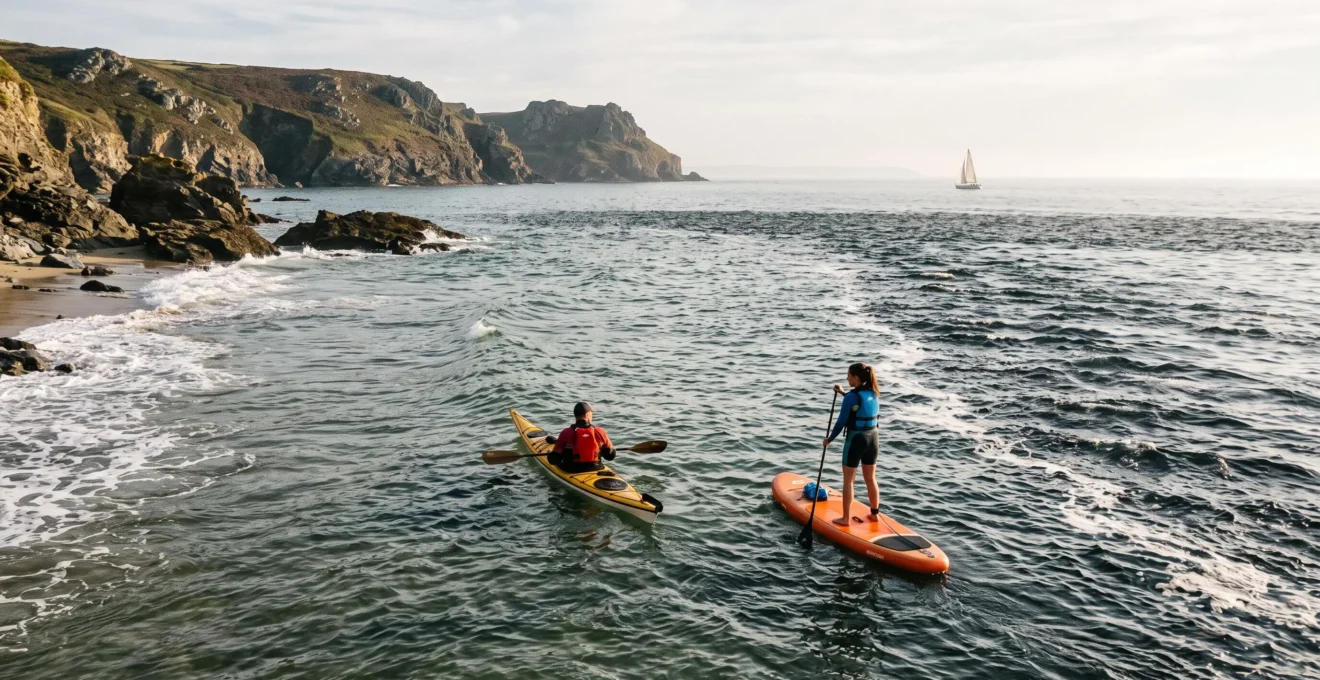 Un kayakiste et un pratiquant de paddle observent la texture de la mer et l'horizon depuis l'eau avant de poursuivre leur sortie côtière.