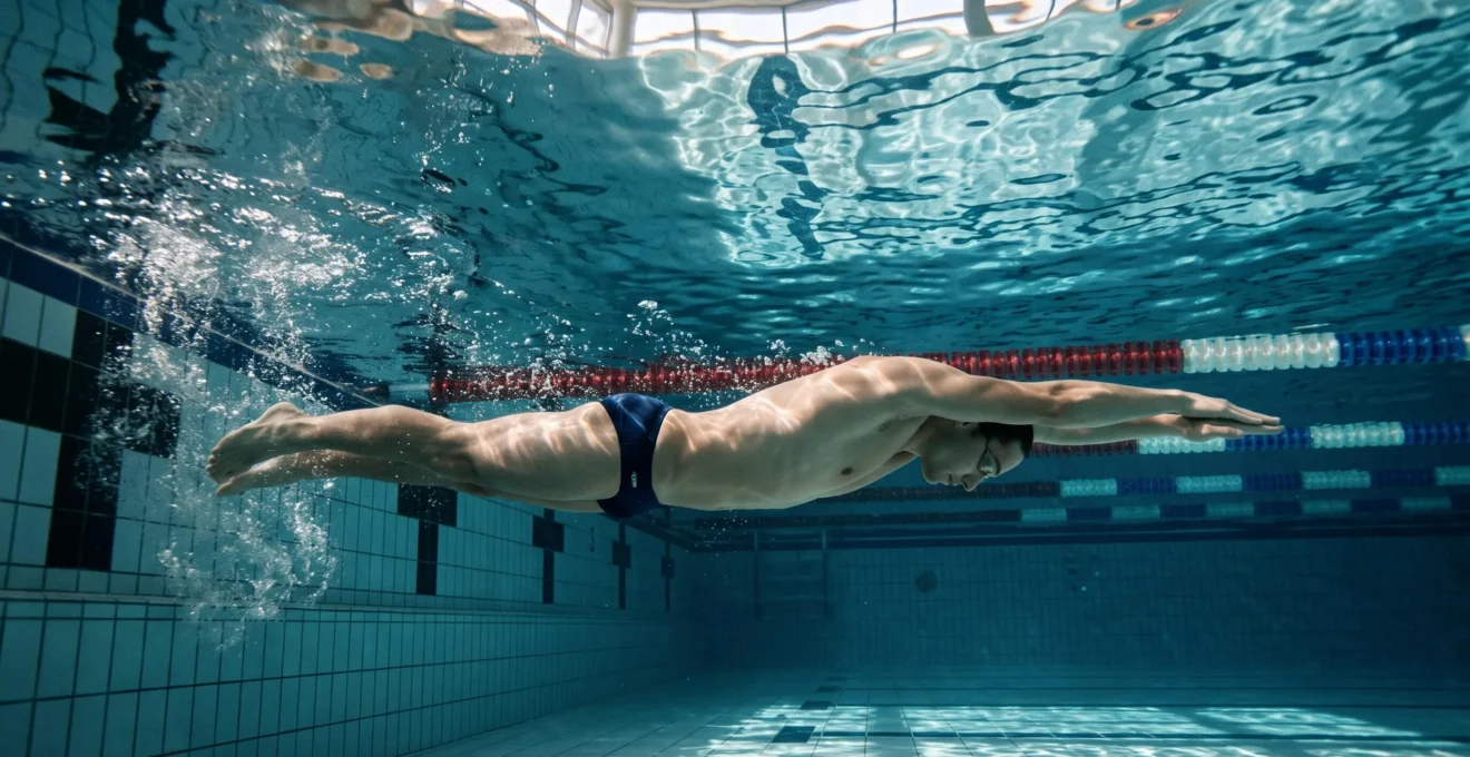 Un nageur en pleine coulée sous l'eau, corps aligné et bras tendus devant la tête, dans une piscine de compétition.