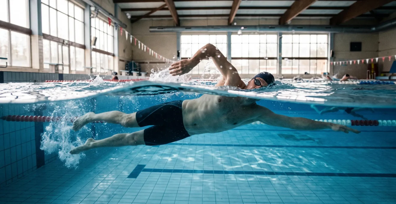 Un nageur exécute une traction de crawl en bassin, une main ancrée dans l'eau et le corps aligné en surface.