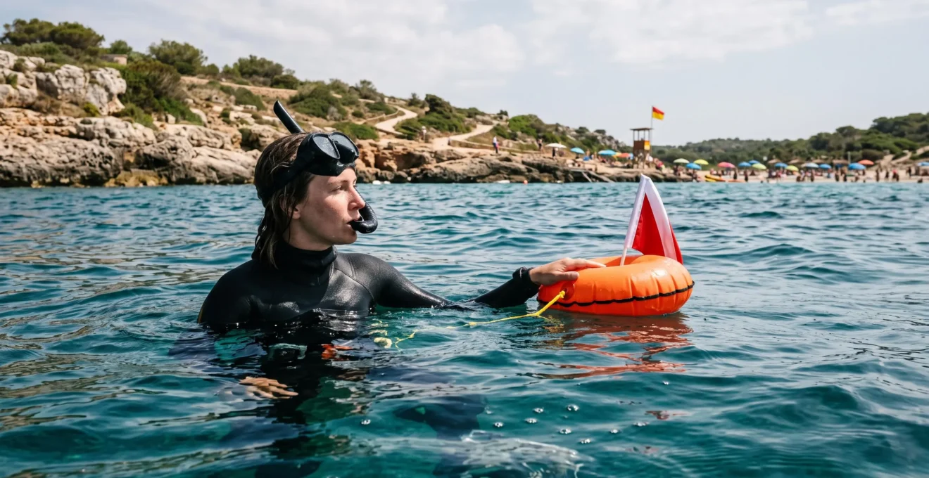 Un nageur en combinaison flotte à la surface de l'eau avec une bouée de signalisation, observant la mer et le littoral rocheux avant de nager.