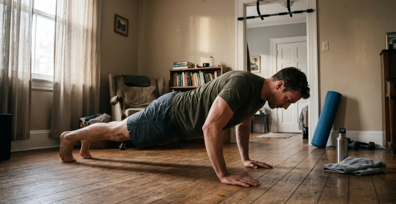 Un homme réalise une série de pompes gainées sur le parquet de son salon équipé d'une barre de traction et d'un tapis de sol.