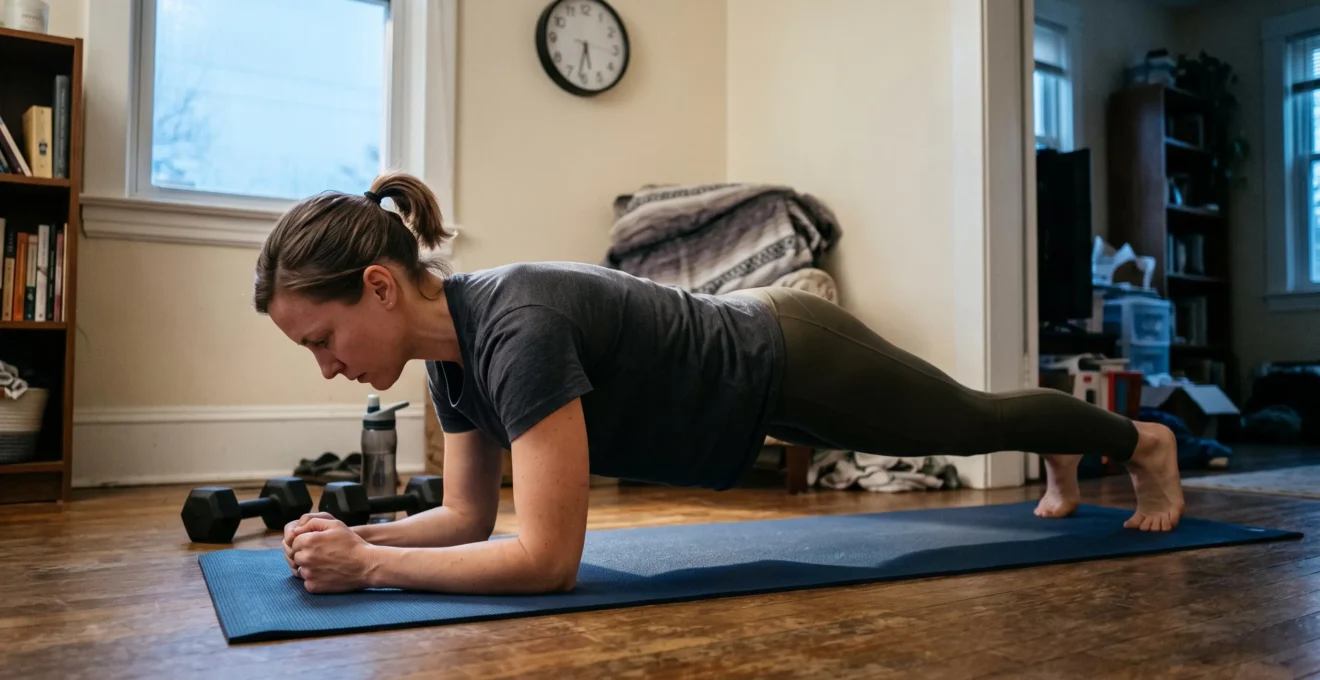 Un sportif amateur maintient une position de gainage sur un tapis chez lui tôt le matin, avec une horloge murale visible derrière lui.