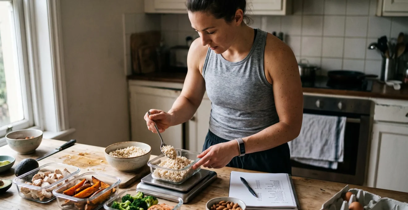Un sportif pèse du riz dans une boîte de repas dans une cuisine, avec des récipients de protéines, de légumes et d'oléagineux posés sur le plan de travail.