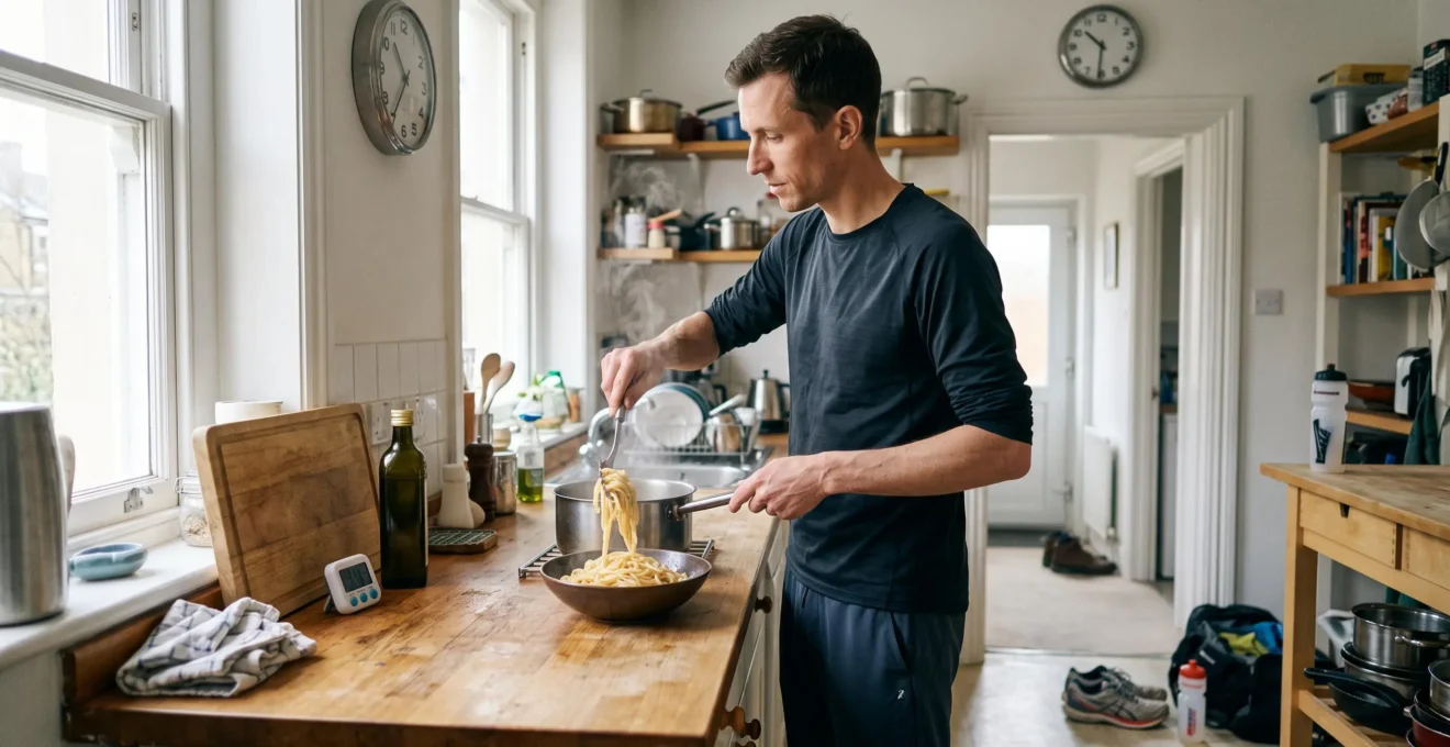 Un sportif sert une assiette de pâtes dans une cuisine en regardant l'horloge plusieurs heures avant son entraînement.