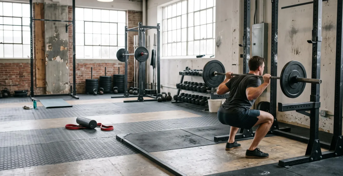 Une personne effectue un squat avec une barre dans une salle de sport organisée en zones d'échauffement, de travail principal et de retour au calme.
